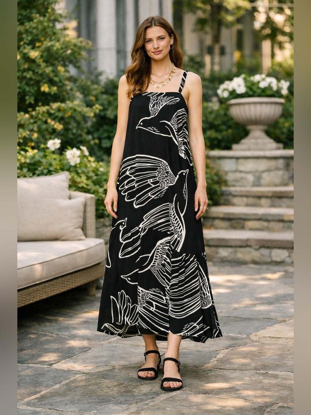 Vanessa Virginia Anthropologie Oiseau Bird Print Maxi Dress wedding guest